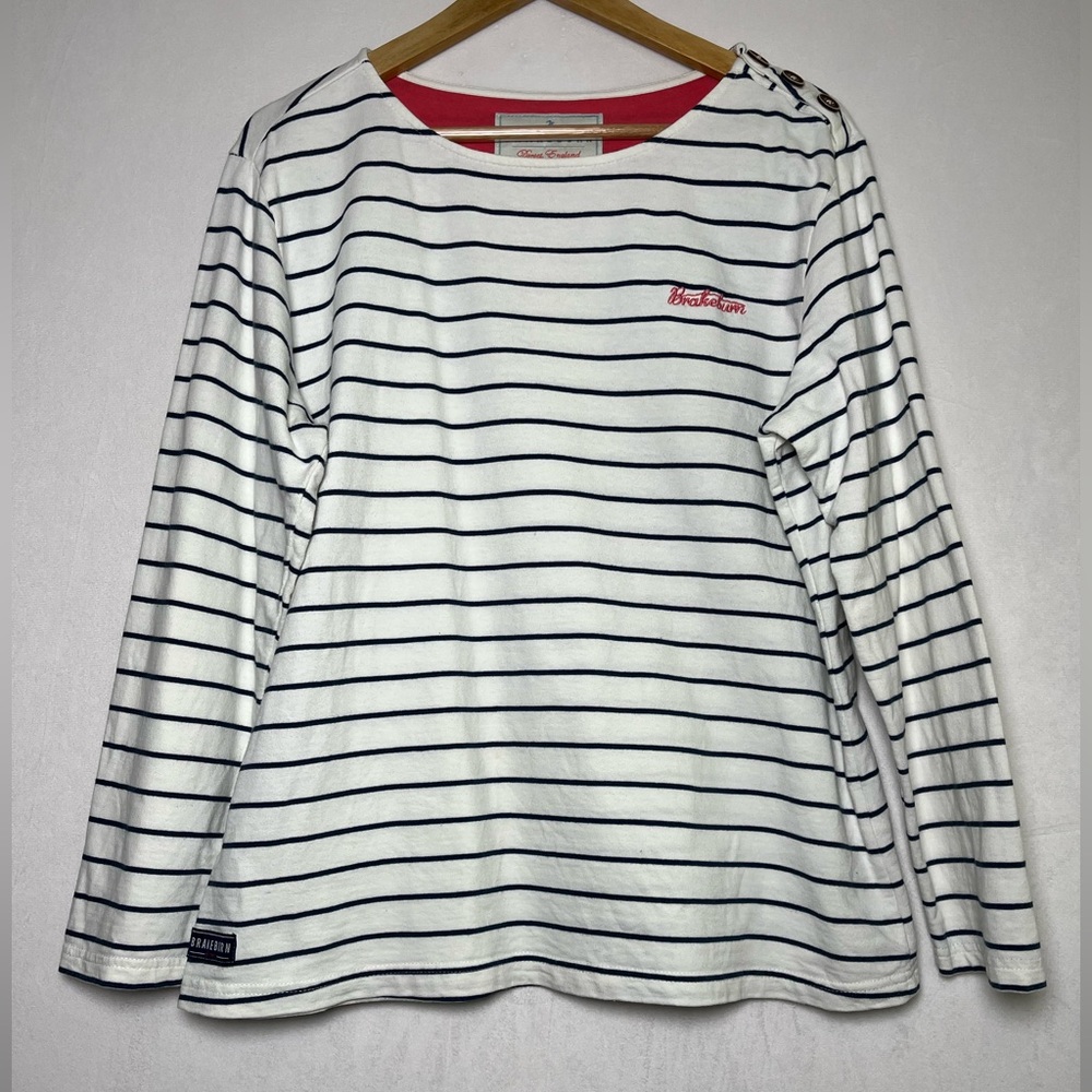 Brakeburn Striped Long Sleeve Coastal Basic Golf White Navy Cotton Top Size 14